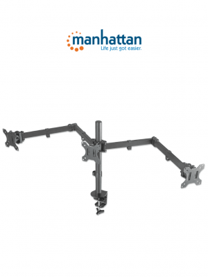 MANHATTAN 461658 Soporte para monitor, de escritorio, movimiento articulado, 3 pantallas planas de 13" a 27" máximo 7 kg cada una Soporta tres monitores LCD de hasta 27", uno montado al centro y dos en los brazos de doble articulación - Image 1
