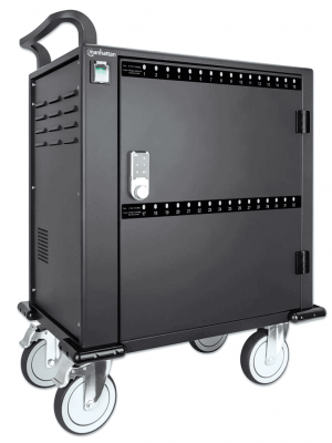 MANHATTAN - 716000 - Gabinete móvil carga profesional / 32 puertos, compartimientos espaciosos teléfonos y tabletas, 576 W total, 18 W por puerto, bloqueo código PIN, protección sobretensiones, ventilación silenciosa, carcasa metal, negro #PROMOMAYO - Image 1