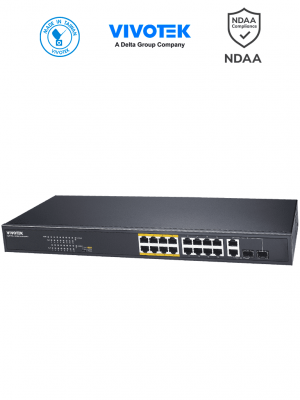 VIVOTEK AW-FGT-180F-250 - Switch PoE no administrable con 16 puertos PoE FE RJ45, 2 puertos Combo GE RJ45/SFP, 30W por puerto, 250W totales, 8 puertos Modo Extendido hasta 250m, 7.2 Gbps y protección 6KV. - Image 1