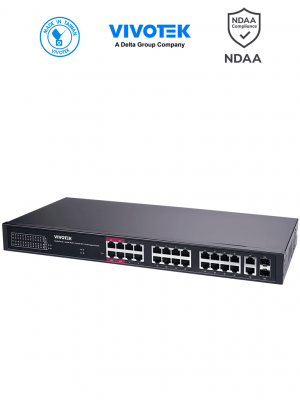 VIVOTEK AW-GEL-285A-380  - Switch PoE  24 puertos Administrable Lite, 20 puertos GE 30W PoE, 4 puertos GE 90W PoE, 2 puertos GE UTP, 2 puertos GE SFP, lite managed PoE, 56 Gbps, 380W totales, PoE Extendido 250 Mts, NDAA - Image 1