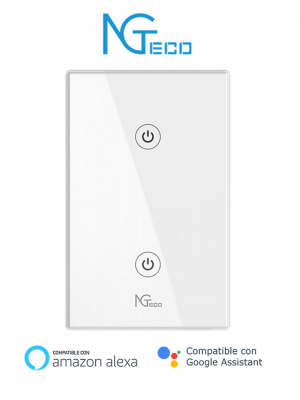 NGTECO NGS102 - Apagador Inteligente WiFi 2 Botones Touch / Control Remoto vía App / Control por Voz / Temporizador / Panel Táctil de Alta Sensibilidad / WiFI 2.4 GHz / Se requiere Cable Neutro / Compatible con Alexa y Asistente de Google