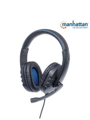 MANHATTAN 176088 - Audífonos USB para videojuegos, con luces LED Para PC, PS3 y PS4, micrófono retráctil integrado, función de control de audio, cable USB de 1,8 m integrado, color negro y azul - Image 1