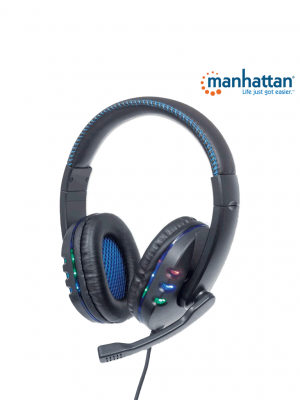 MANHATTAN 176088 - Audífonos USB para videojuegos, con luces LED Para PC, PS3 y PS4, micrófono retráctil integrado, función de control de audio, cable USB de 1,8 m integrado, color negro y azul - Image 2