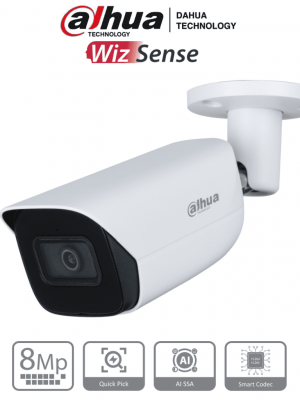DAHUA IPC-HFW3841E-AS-S2 - Camara IP Bullet de 8 Megapixeles con IA/ WizSense/ Lente de 2.8 mm/ 107 Grados de Apertura/ H.265+/ Microfono Integrado/ 1 E&S de Alarma y Audio/ SMD 4.0/ WDR Real/ Quick Pick AI SSA/ PoE/ IP67/ - Image 1