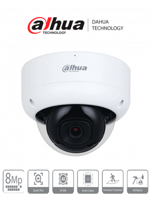DAHUA DH-IPC-HDBW3841E-AS-S2 - Camara IP Domo Antivandalica 4k/ 8 Megapixeles/ WizSense/  Lente de 2.8 mm/ 107°/ Microfono integrado/ IR 30m / SMD 4.0/ AI SSA/ Ranura MicroSD/ PoE/ IP67/ IK10/ E&S de Alarma y Audio - Image 1