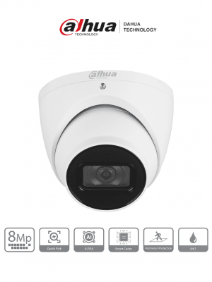 DAHUA DH-IPC-HDW3841EM-S-S2 - Cámara IP Domo de 8 MP con diseño Eyeball, lente 2.8 mm, y tecnología WizSense. Ofrece visión nocturna con IR de 30m, SMD 4.0 y AI SSA para análisis inteligente. Incluye ranura para MicroSD, y protección IP67 soportando PoE. - Image 1