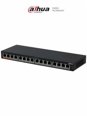 DAHUA DH-PFS3016-16GT-190 - Switch Poe Gigabit de 16 Puertos PoE Gigabit/ 190 Watts Totales/ Los 2 Puertos Naranjas Soportan Hi-PoE Estandar/ Switching 32 Gbps/ Tasa de Reenvio de paquetes 23.808 Mbps/ Protección Contra Descargas/ - Image 1