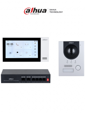 DAHUA KTP01L(S) - Kit de Videoportero IP con Frente de Calle Metálico Antivandálico  y cámara de 2MP. Incluye monitor táctil de 7", ranura SD, control de puerta, E/S de alarmas, y switch PoE de 6 puertos, 36W. Ideal para seguridad avanzada/ #VDP - Image 1