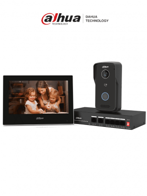 DAHUA DHI-KTP03 - Kit de Videoportero: Monitor de 7", frente de calle IP65 con visión IR, apertura remota, y control de 1 puerta. Incluye switch PoE de 4 puertos 10/100 y 2 puertos uplink. Protección y acceso inteligente en un solo sistema. - Image 1