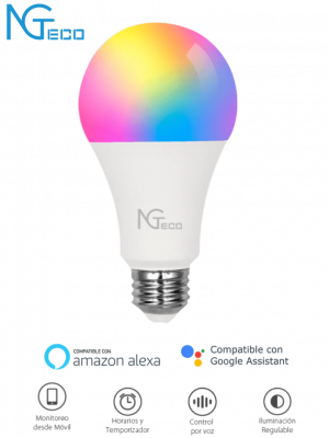 NGTECO NGL200 - Foco LED Inteligente WiFi de 9W / Color regulable / Control remoto App / Control por voz Amazon Alexa y Google Assistant / WiFi 2.4 GHz / Configuración Horarios / 950 Lumenes