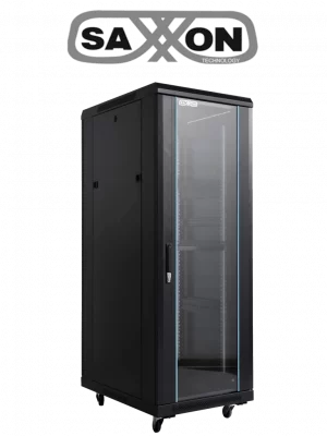 SAXXON SXR32U6632S - Gabinete de Piso 32UR, Negro, Puerta de Vidrio Templado, 160x60x60 cm, Base con 2 Ventiladores 110V #SAX - Image 1