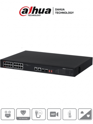 DAHUA PFS3218-16ET-135 - Switch Poe Ethernet de 18 puertos/ 16 puertos PoE 10/100 Mbps/ 135 Watts Totales/  2 Puertos SFP/ PoE Watchdog/ Switching 7.2 Gbps/ Tasa de Reenvio de paquetes 5.3568/ - Image 1