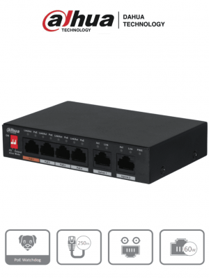 DAHUA PFS3006-4ET-60 - Switch PoE de 6 Puertos Fast Ethernet/ 4 Puertos PoE/ 2 Puertos Uplink/ 60 Watts Totales/ Soporta PoE Watchdog/ Puerto 1 Soporta Hi-PoE 60 Watts/ Capacidad de Switching de 1.8 Gbps/ - Image 1