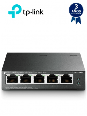 TP-LINK TL-SG1005P - Switch Escritorio No Administrable de 5 puertos 10/100/1000 Mbps, con 4 puertos PoE 802.3af/at de hasta 65 W y PoE Extendido hasta 250 metros. - Image 1