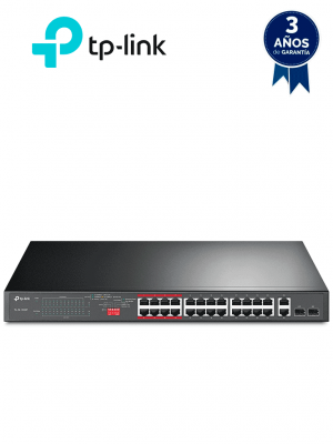 TP-LINK TL-SL1226P - Switch PoE+ no administrable con 26 puertos 10/100 Mbps, 2 puertos 10/100/1000 Mbps y 2 puertos SFP. Incluye 8 puertos extensores PoE (hasta 250 m) con una capacidad de 250W, diseñado específicamente para vigilancia IP. - Image 1
