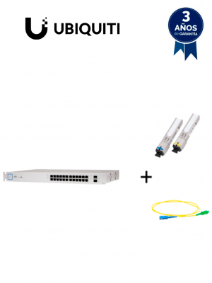 UBIQUITI US24250WPAQFIB - Paquete de Switch Poe 24 Puertos RJ45 y 2 Puertos SFP + Par de transceptores de fibra óptica SFP monomodo hasta 5km + Simplex 2 mm de 2 Metros #UB - Image 1