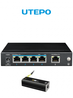 KIT- Switch UTEPO PoE de 5 puertos Fast Ethernet, 4 puertos PoE, 60W totales, 802.3af & at, no administrable, con protección contra descargas eléctricas y electrostáticas. - Image 1