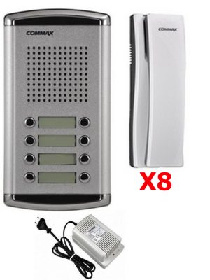 COMMAX DR8AMAP - Kit de frente de calle de audio DR8AM para 8 apartamentos incluye 8 auriculares DPSS y fuente de energía RF1A de 12VDC/ Soporta función de apertura de puerta - Image 1