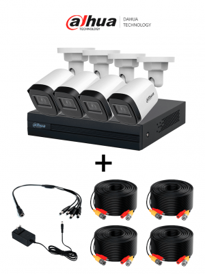 DAHUA PAQXVR1B04-I+4B1A21-DH-PFM942I-20-5- Paquete de 4 Canales de 2 Megapíxeles/ DVR Cooper-I WizSense con IA/ Compresión H.265+/ 4 cámaras B1A21/  4 CH + 1 IP o hasta 5 IP/ Incluye 4 Cables DH-PFM942I-20-5/ SMD Plus y Búsqueda de Humanos y Vehículos - Image 1
