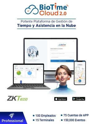 ZKTECO BIOTIMECLOUDPROFESSIONAL - Licencia de Asistencia en la Nube para 100 Empleados, 15 Terminales, 150,000 Eventos y 75 Cuentas de App, Suscripción por un Año #BC2 - Image 1