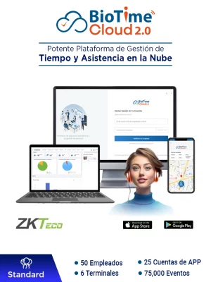 ZKTECO BIOTIMECLOUDSTANDARD - Licencia de Asistencia en la Nube para 50 Empleados, 6 Terminales, 75,000 Eventos y 25 Cuentas de App, Suscripción por un Año #BC2 - Image 1