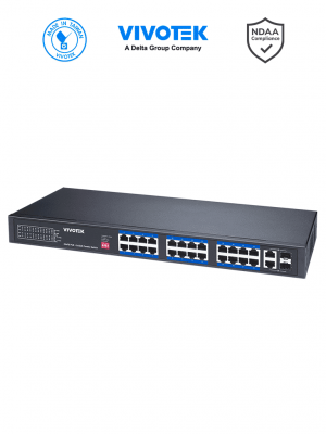 VIVOTEK AW-FGT-260P-370 - Switch PoE no administrable, 24 puertos PoE FE RJ45, 2 puertos Combo GE RJ45/SFP, 30W por puerto, 370W totales, PoE Extendido Adaptable hasta 250mts, 8.8 Gbps, Protección 6KV - Image 1