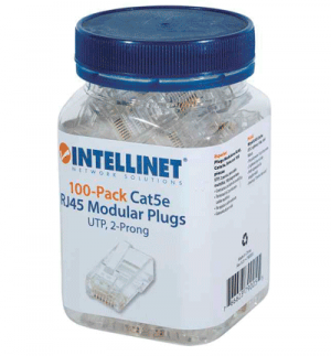 INTELLINET 790055 - Paquete de 100 conectores modulares Cat5e RJ45 / UTP, 2 pines, para cable trenzado, 100 clavijas en bote - Image 2