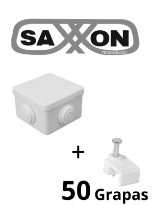 SAXXON SWD008LMG5MMC - Paquete de Caja de Conexiones 4 Entradas 80x80x50mm con Bolsa de Grapas Cuadradas de Pared de 6mm de alto Color Blanco 50 piezas - Image 1