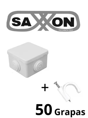 SAXXON SWD008LMGNCC5MMR - Paquete de Caja de Conexiones 4 Entradas 80x80x50mm con Bolsa de Grapas Redondas de Pared de 6mm de alto Color Blanco 50 piezas - Image 1