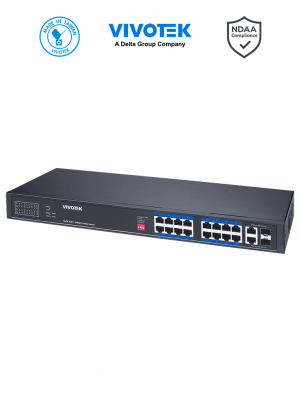 VIVOTEK AW-FGT-180P-250 - Switch PoE no administrable con 16 puertos PoE FE RJ45, 2 puertos Combo GE RJ45/SFP, 30W por puerto, 250W totales, Modo Extendido Adaptable hasta 250m, 7.2 Gbps y protección 6KV. - Image 1