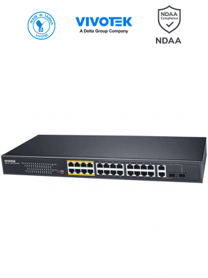 VIVOTEK AW-FGT-260F-380 - Switch PoE no administrable, 24 puertos PoE FE RJ45, 2 puertos Combo GE RJ45,SFP, 30W por puerto, 380W totales, 8 puertos Modo Extendido hasta 250mts, 8.8 Gbps, Protección 6KV - Image 1
