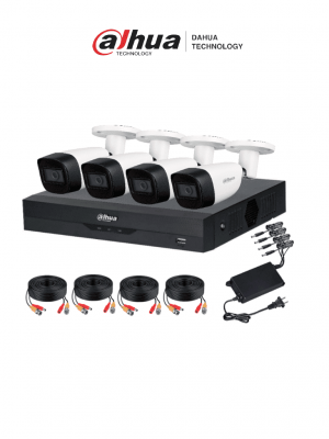 DAHUA KITXVR5104HS4KLI3+4HFW1500CMA- Kit de vigilancia de 4 canales 5 MP con audio y DVR WizSense con reconocimiento facial y H.265+. Soporta 4 canales + 4 IP o hasta 8 IP. Incluye 4 canales SMD Plus para búsqueda de humanos y vehículos - Image 1