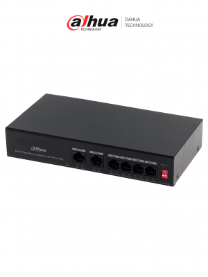DAHUA PFS3006-4ET-36 - Switch PoE de 6 Puertos Fast Ethernet/4 Puertos PoE 10/100/ 2 Puertos uplink 10/100/ 36 Watts Totales/ Switching 1.2 Gbps/ Tasa de Reenvio de Paquetes .89 Mbps/ con Protección de Descargas - Image 1