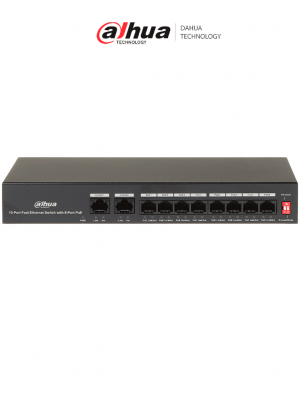 DAHUA PFS3010-8ET-65 - Switch Poe de 10 Puertos Fast Ethernet/ 8 Puertos Poe/ 2 Puertos Uplink/ 65 Watts Totales/ Soporta PoE Watchdog/ Switching 2.0 Gbps/ Con Protección de Descargas/ - Image 1