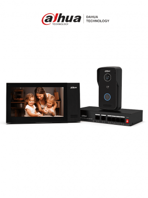 DAHUA DHI-KTP02 - Kit de videoportero IP con monitor táctil de 7" de 8GB de memoria embebida, soporte para alarmas 6&1, frente de calle con apertura remota y tarjetas Mifare (IC Card). Incluye un switch PoE de 4 puertos 10/100. - Image 1