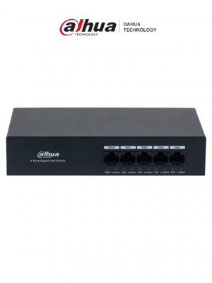 DAHUA DH-PFS3005-4GT-36 - Switch con 4 puertos Gigabit PoE y 1 puerto Uplink RJ45 10/100/1000 Mbps. Ofrece protección contra descargas eléctricas, ideal para alimentar dispositivos IP. Incluye fuente de Poder. - Image 1
