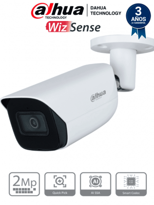 DAHUA IPC-HFW3241E-S-S2 - Cámara IP Bullet de 2 MP/ WizSense/ Con IA/ Lente de 2.8 mm/ 107° de Apertura/ Micrófono integrado/ IR de 50 m / SMD 4.0 / AI SSA / Quick Pick/ Ranura MicroSD/ WDR Real de 120 dB / PoE / IP67 / - Image 1