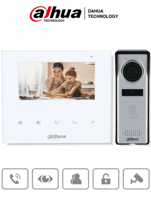 DAHUA DHI-KTA04 - Kit de videoportero analógico con monitor de 4.3" y botones táctiles. Incluye frente de calle con cámara de 1.3 MP, múltiples tonos de timbre personalizables, y función de apertura de puerta para mayor seguridad y comodidad. - Image 1
