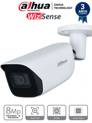 DAHUA IPC-HFW3841E-AS-S2 - Camara IP Bullet de 8 Megapixeles con IA/ WizSense/ Lente de 2.8 mm/ 107 Grados de Apertura/ H.265+/ Microfono Integrado/ 1 E&S de Alarma y Audio/ SMD 4.0/ WDR Real/ Quick Pick AI SSA/ PoE/ IP67/ - Image 1