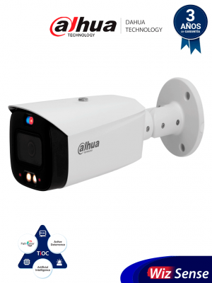 DAHUA IPC-HFW3449T1-AS-PV Cámara IP Bullet 4MP/ TiOC/ WizSense/ Iluminador Dual Inteligente/ Disuasión Activa/ Lente 3.6mm/ 30 Metros de IR y Luz Visible/ Sirena y Estrobo Azul y Rojo/ SMD 4.0/ Ranura Micro SD/ E&S de Alarma y Audio/ IP67. - Image 1