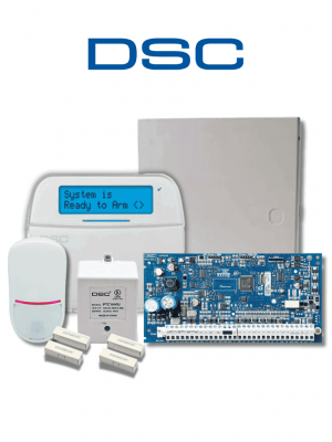 DSC NEO-LCD-SB - Paquete SERIE NEO con panel HS2032 de 8 zonas cableadas expandible a 32 / Teclado Alfanumérico HS2LCDN / Sensor PIR LC-200 Cableado / 2 contactos blancos cableados / Transformador / Gabinete GMX003 / Sin Batería - Image 1
