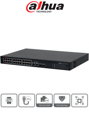 DAHUA DH-S4101-24ET2GF-360-C - Switch Administable en la Nube de 26 puertos/ 24 puertos PoE Hasta 360 Watts/ Hasta 250 mts de Conexión/ PoE watchdog / 10/100 Mbps/ Poe 2.0/ 8.8 Gbps/ 2 Ptos Hasta 90W de Suministro PoE/ Administrable Cloud por Dolink Care - Image 1