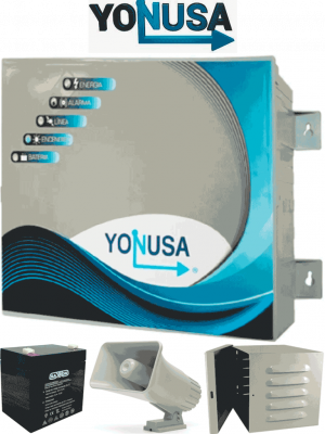 YONUSA EY10000127AFBAT - Paquete de energizador anti plantas o alta frecuencia de 10,00V con hasta 10,000 mts lineales, incluye batería de respaldo de 12VDC a 4.5 AH, sirena de 30W y gabinete metálico - Image 1