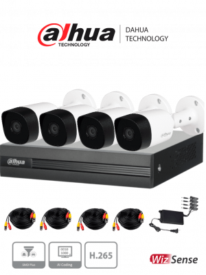 DAHUA KITXVR1B04H-I+4B2A51 -Kit de 4 Ch de 5 MP/ DVR Cooper-I WizSense/Con IA/ H.265+/4 Camaras B2A51 Metalicas/4 Ch + 1 IP o Hasta 5 Ch IP/ 4 Ch SMD Plus/Busqueda de Humanos y Vehiculos/Accesorios Incluidos - Image 1