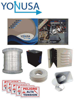 YONUSA PACK127AF -Paquete de energizador de alta frecuencia con interface/ Sirena y gabinete metálico/ Bobina de alambre 500 mts/ Bobina cable bujía/ batería y 5 letrero - Image 1