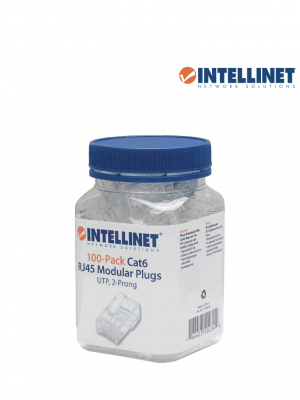INTELLINET 502344 PLUG RJ45 CAT6 MULTIFILAR UTP BOTE 100 PZAS ORO 15-MICRAS UTP, 2 puntas, para cable multifilar, 100 plugs en bote - Image 1