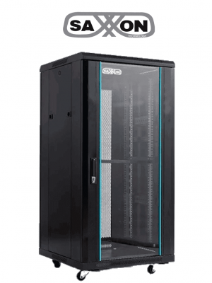 SAXXON SXR22U6622S - Gabinete de Piso color Negro / 22UR / Puerta de Vidrio Templado / Alto 109 cm / Ancho 60 cm / Profundidad 60 cm / Incluye Base con 2 Ventiladores 220V - Image 1