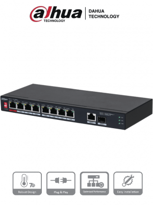 DAHUA PFS3110-8ET1GT1GF-96 -Switch PoE de 10 Puertos/8 Puertos Poe 10/100/1Puerto SFP de1000 Mbps/1 Puerto Uplink de 10/100/1000/ 96 Watts Totales/ Alimentación hasta 250 Mts/Soporta PoE Whatchdog/Puerto Rojo soporta IEEE 802.3bt/ - Image 1