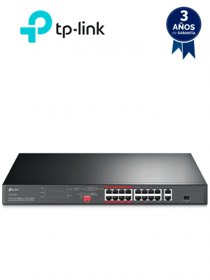 TP-LINK TL-SL1218P - Switch PoE+ no administrable con 16 puertos 10/100 Mbps, 2 puertos 10/100/1000 Mbps y 1 puerto SFP. Incluye 8 puertos extensores PoE (hasta 250 m), capacidad de 150W, diseñado para vigilancia IP. - Image 1