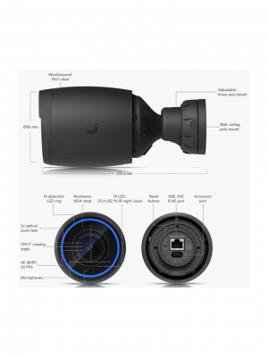 UBIQUITI UVC-AI-PRO - Cámara 4K, Zoom óptico 3X, IA avanzada: detecta personas, lee matrículas , IR 25 metros , microfono integrado, audio bidireccional , Exterior/Interior, POE+ (Color Negro). - Image 2